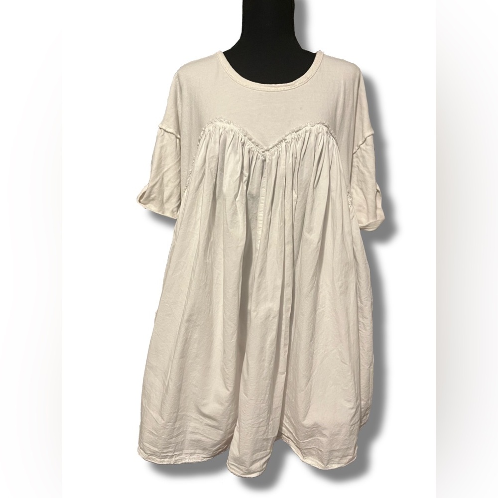 Free People White Smocked Mini Baby Doll Dress with Cuffed Sleeves